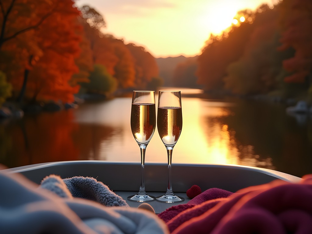 Luxury private sunset cruise on Huron River with champagne glasses and autumn foliage