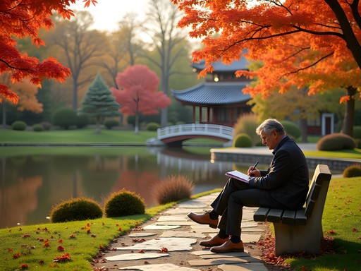 University of Michigan Museum of Art Japanese garden with fall foliage and visitor sketching