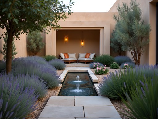 Intimate luxury healing garden with water features and native Jordanian plants