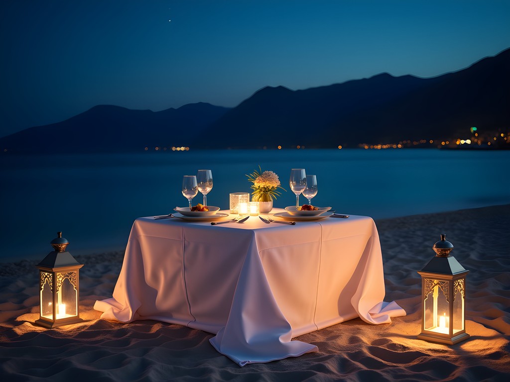 Romantic private beach dinner setup at luxury Aqaba resort with Red Sea views