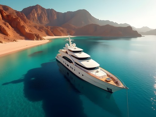 Luxury yacht anchored in crystal clear Red Sea waters near Aqaba at sunset