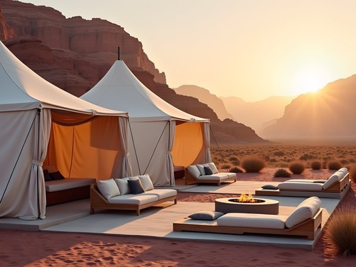 Luxury desert camp in Wadi Rum with dramatic landscape at sunrise