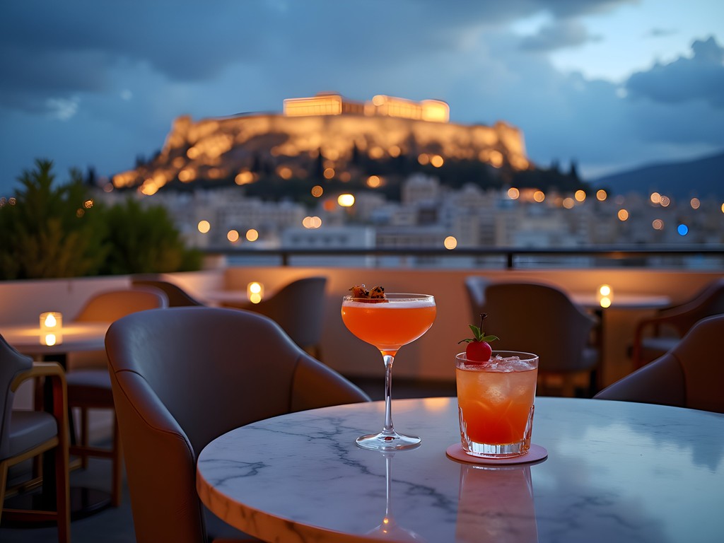 Elegant rooftop cocktail bar in Athens with illuminated Acropolis view at night