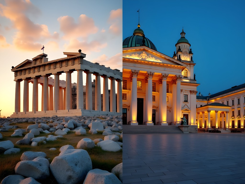 Side-by-side comparison of Athens Acropolis and Vienna State Opera House representing the contrast between ancient and imperial architecture