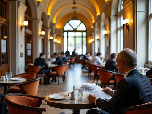 Historic interior of Café Central in Vienna with vaulted ceilings and traditional coffee service