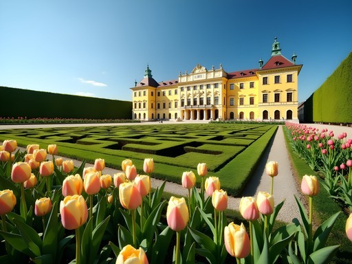 Schönbrunn Palace gardens in Vienna during spring bloom with palace facade visible