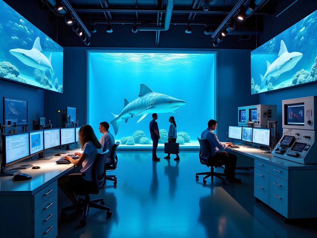 Behind-the-scenes marine research area at Georgia Aquarium with whale shark monitoring equipment
