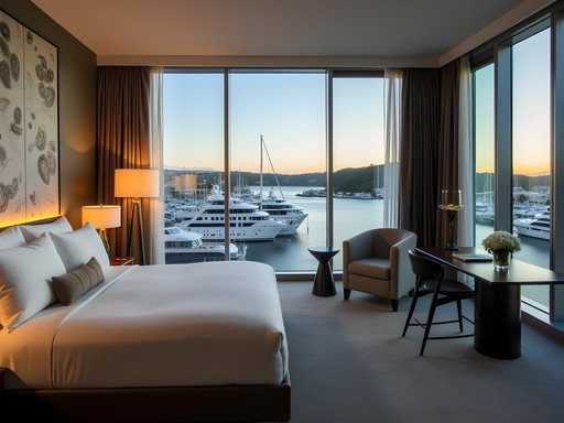 Luxury hotel suite with panoramic Auckland harbor views