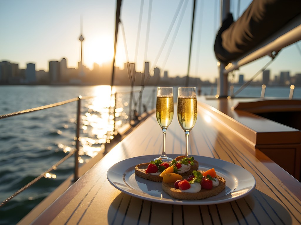 Luxury private sailing charter in Auckland harbor with city skyline view