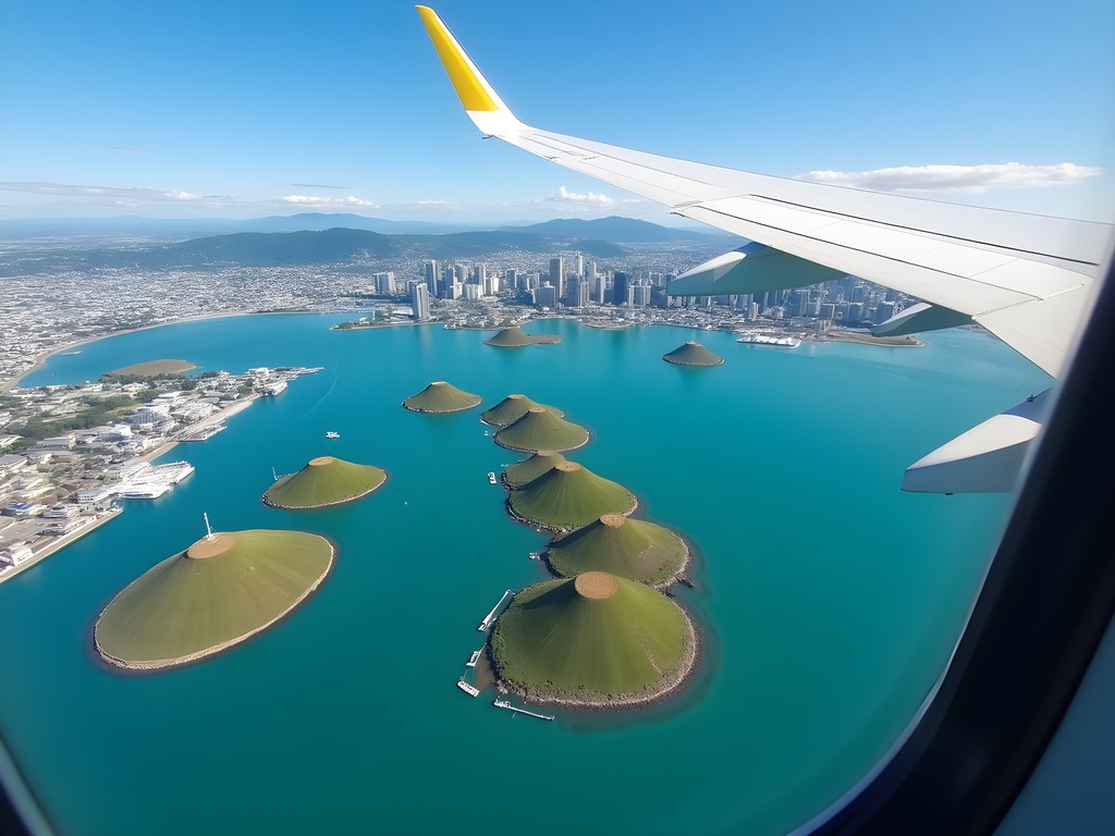 Aerial view of Auckland's volcanic islands from a seaplane