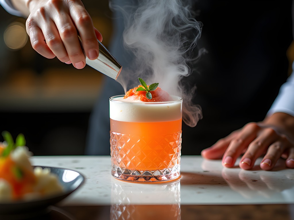 Elaborate non-alcoholic mocktail preparation at exclusive lounge in Brunei