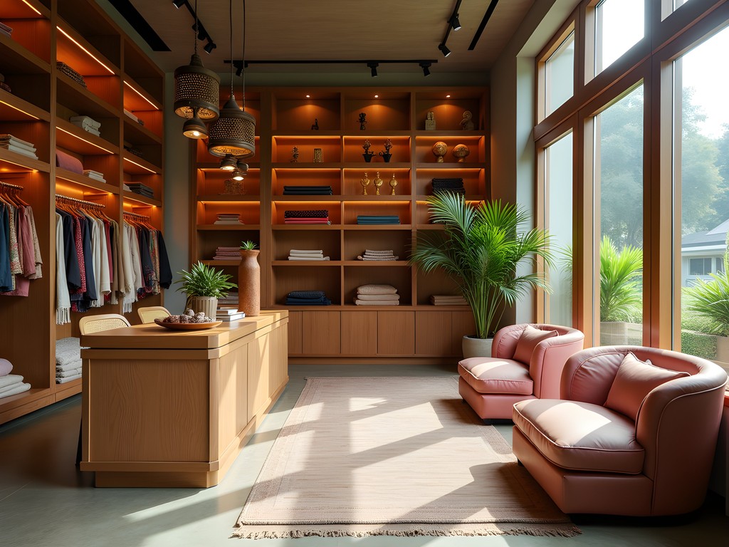 Elegant interior of luxury artisanal boutique in Bangalore displaying handcrafted Karnataka textiles and crafts