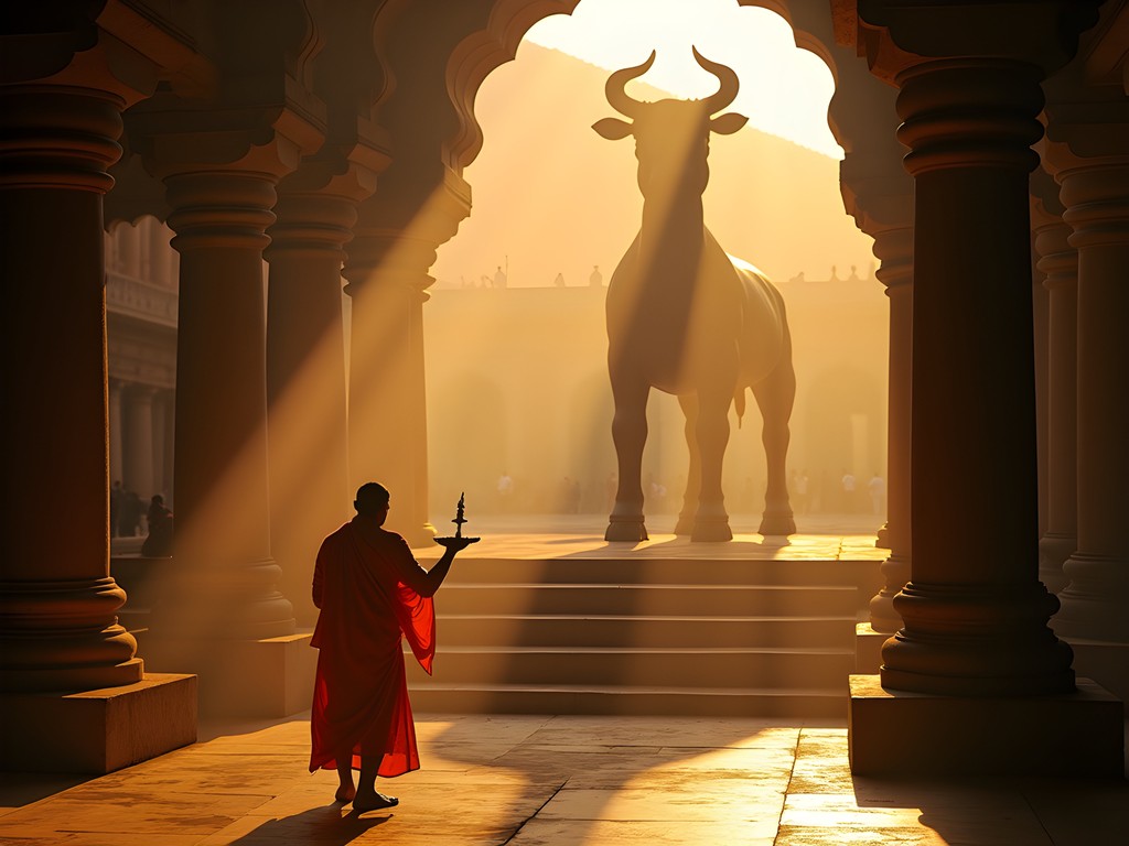 Early morning ritual at historic Bull Temple (Nandi Mandir) in Bangalore with soft golden light