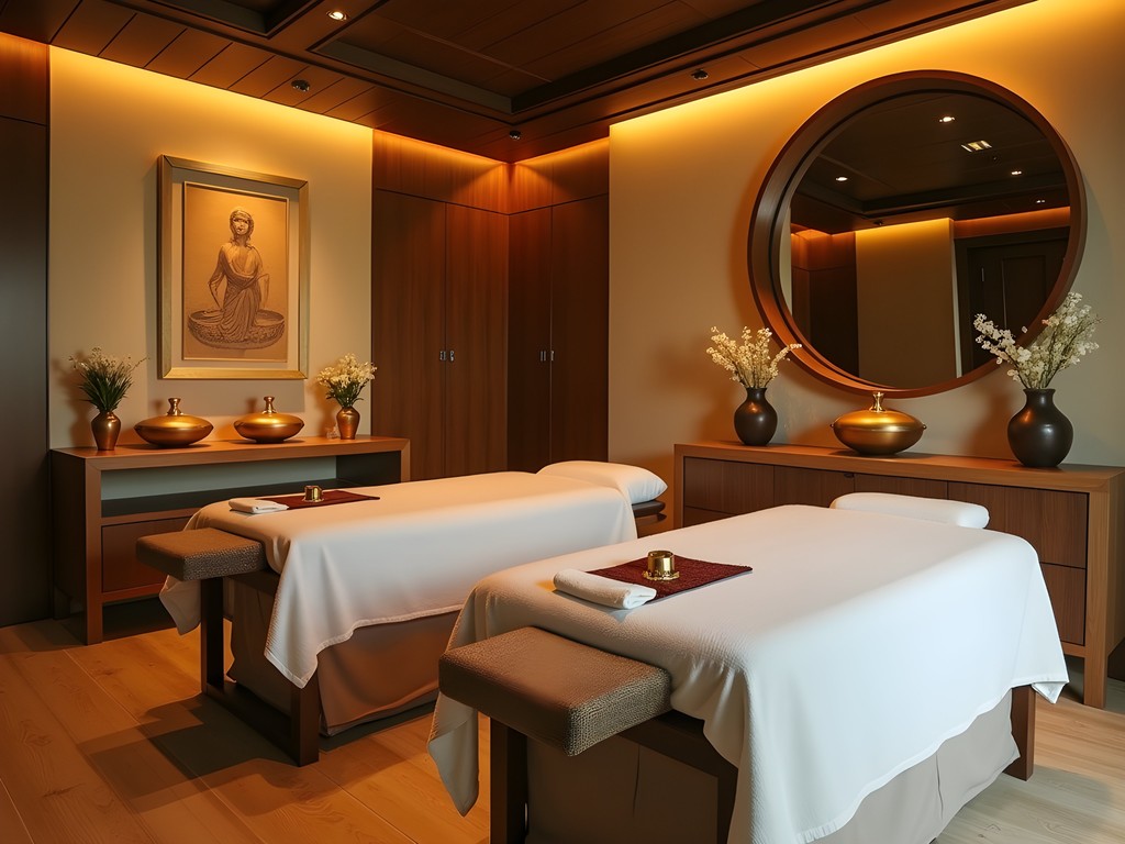 Elegant couples treatment room with Ayurvedic oils and treatments at luxury Bangalore spa