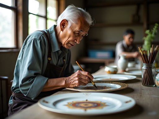 Master craftsman demonstrating traditional Benjarong porcelain painting techniques in Bangkok workshop
