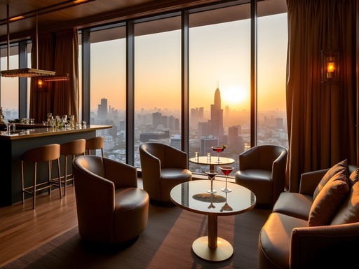 Sunset view from Mahanakhon SkyBar showing Bangkok skyline with golden hour lighting
