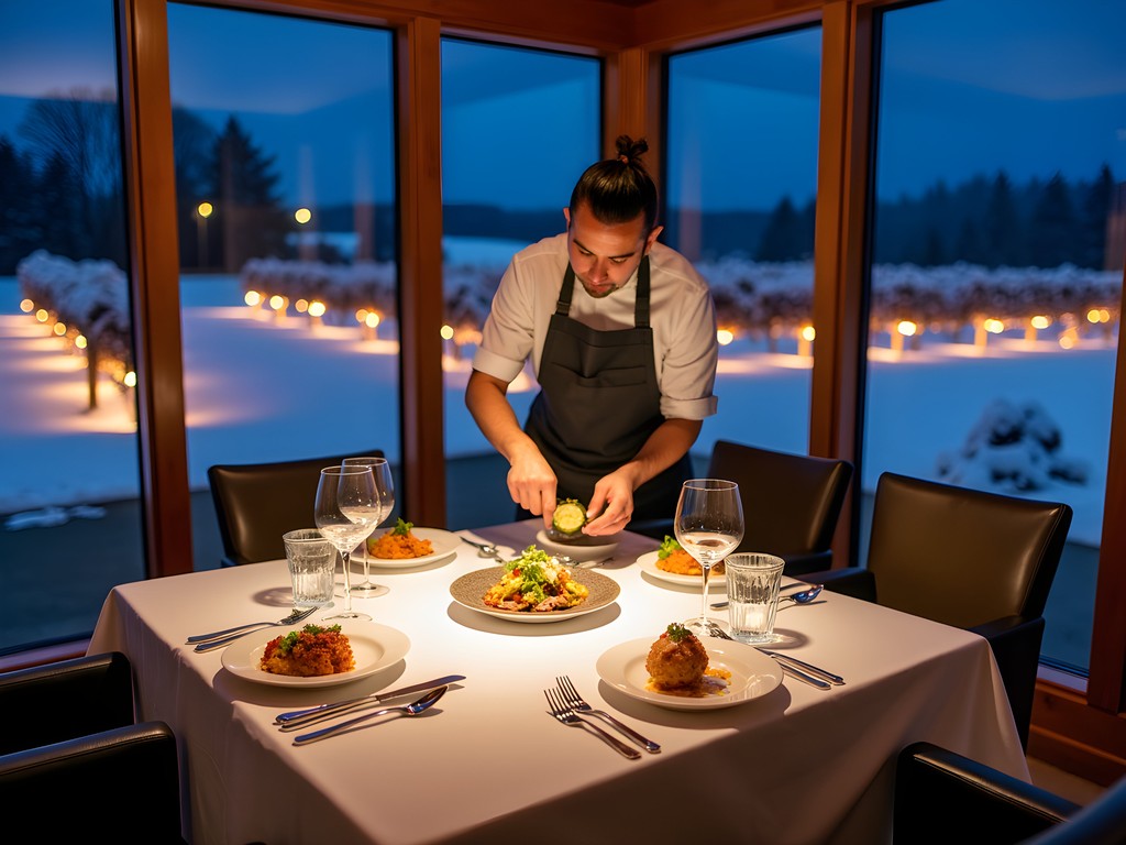 Exclusive chef's table dining experience overlooking snow-covered vineyards in Bloomington