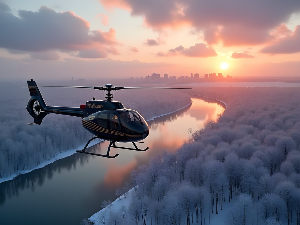 Luxury helicopter tour over snow-covered Bloomington landscape at sunset