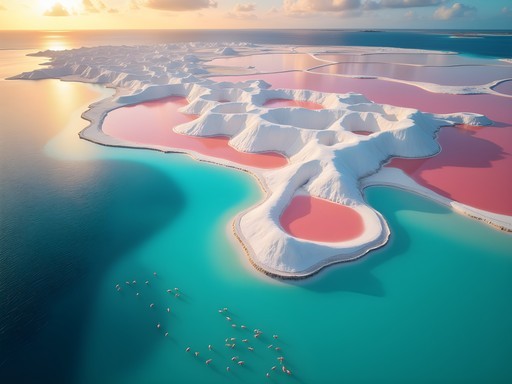 Dramatic aerial view of Bonaire's pink salt flats and flamingo sanctuary at sunset