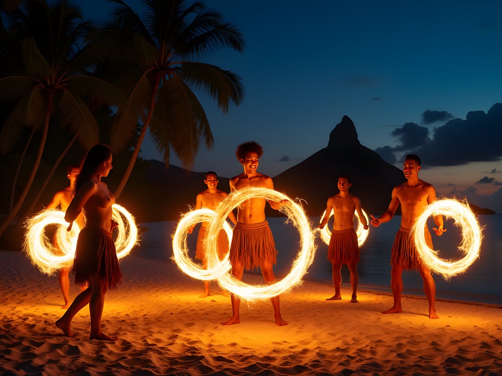 Polynesian fire dancers performing traditional ceremony at night in Bora Bora