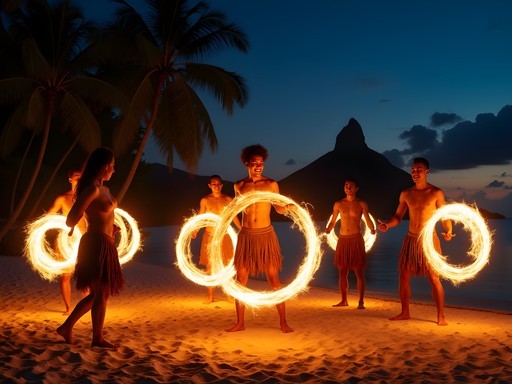 Polynesian fire dancers performing traditional ceremony at night in Bora Bora