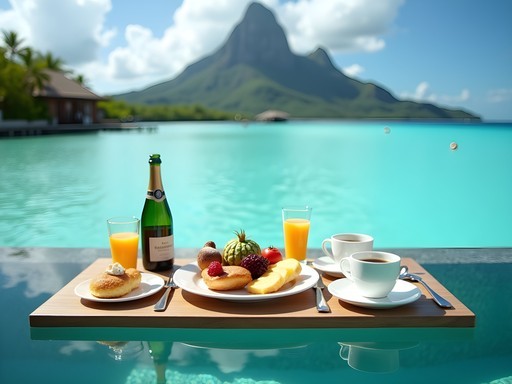 Luxury floating breakfast in private infinity pool of overwater bungalow in Bora Bora