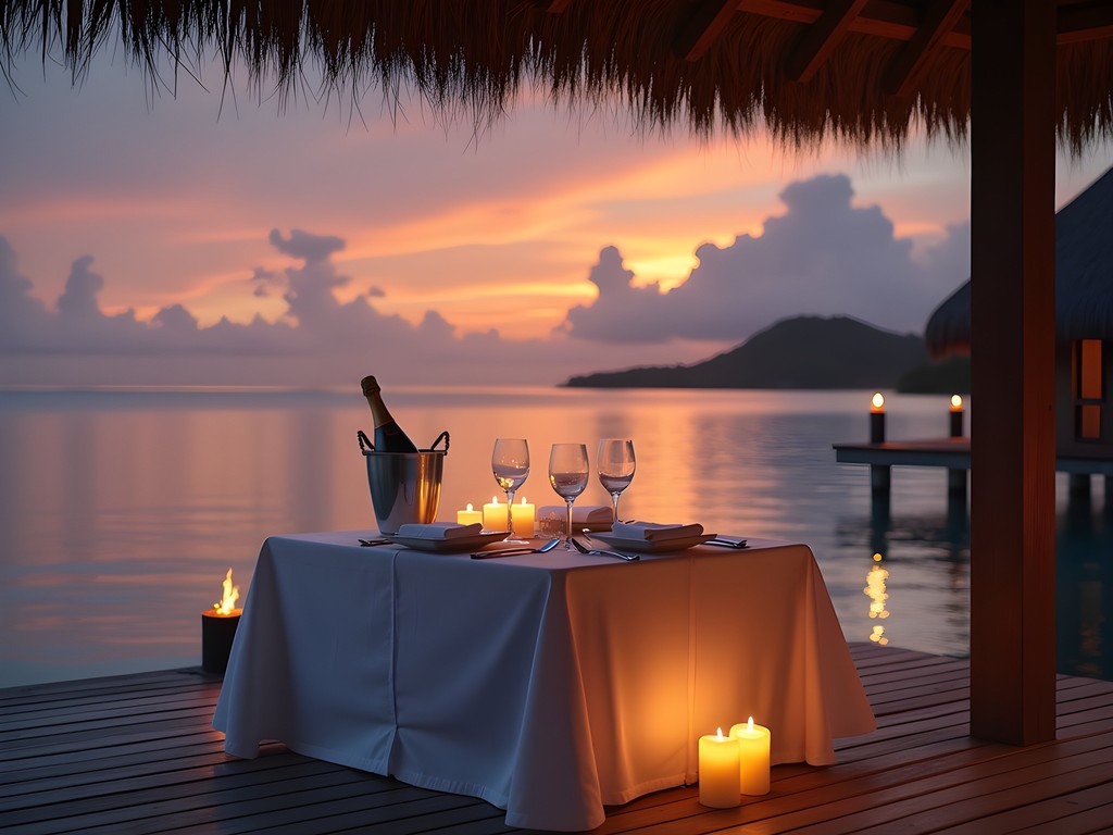 Private candlelit dinner setup on overwater bungalow deck in Bora Bora at sunset