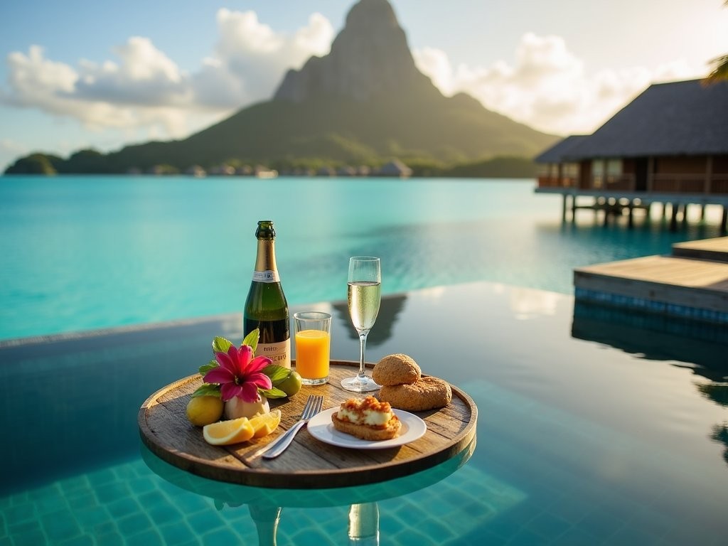 Luxurious floating breakfast in private plunge pool of overwater bungalow in Bora Bora