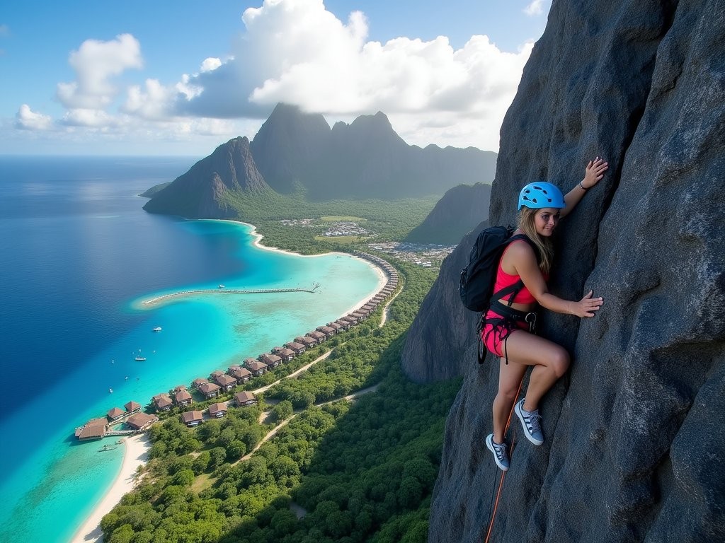 Maya Gordon rock climbing on Mount Otemanu in Bora Bora with overwater bungalows visible below