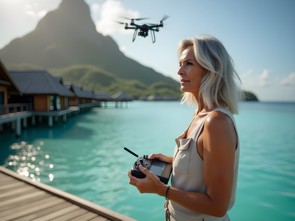 Anna Stevens capturing drone photography of overwater villas in Bora Bora