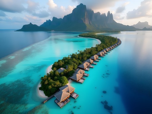 Aerial drone photography of Bora Bora's lagoon showing overwater villas
