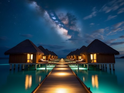 Night photography of illuminated overwater villa with Milky Way visible in Bora Bora