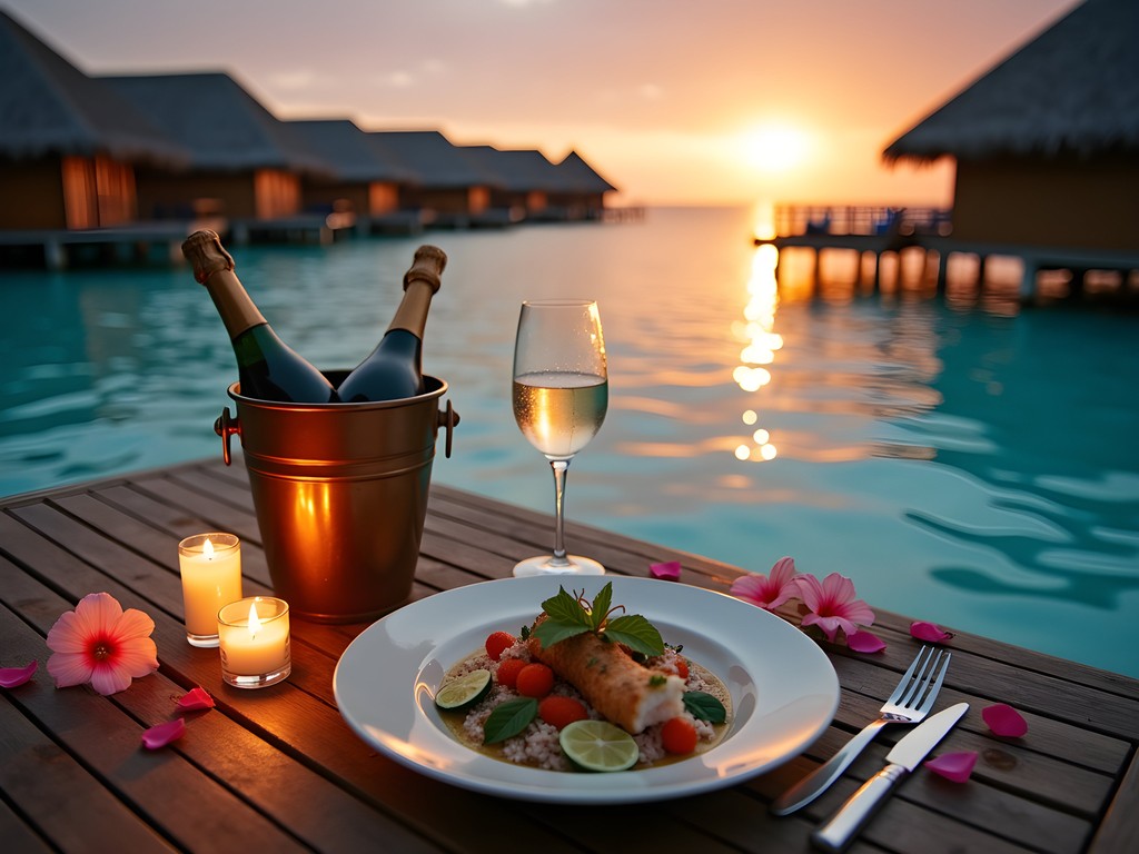 Private dining setup on overwater villa deck at sunset in Bora Bora