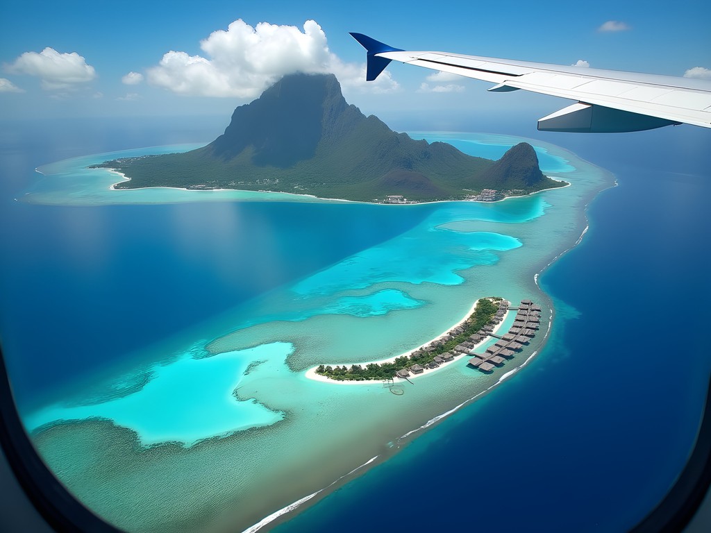 Aerial view of Bora Bora's turquoise lagoon and overwater bungalows