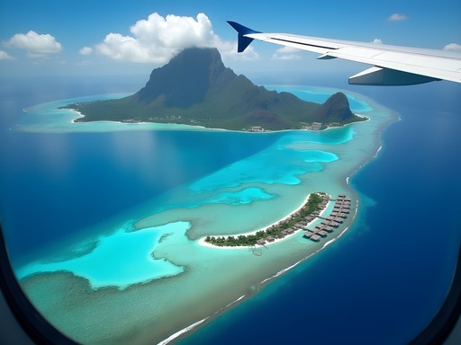 Aerial view of Bora Bora's turquoise lagoon and overwater bungalows