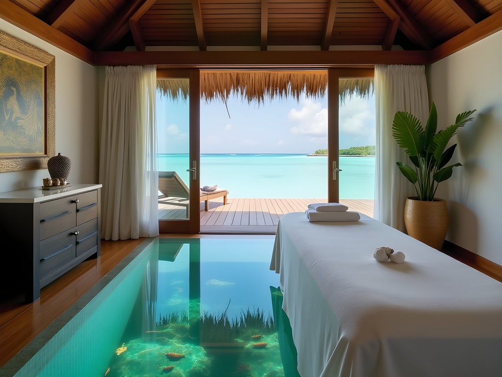 Luxury overwater spa treatment room with glass floor in Bora Bora