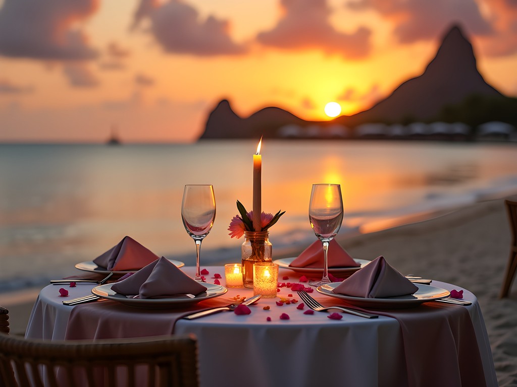 Romantic private beach dinner setup in Bora Bora at sunset