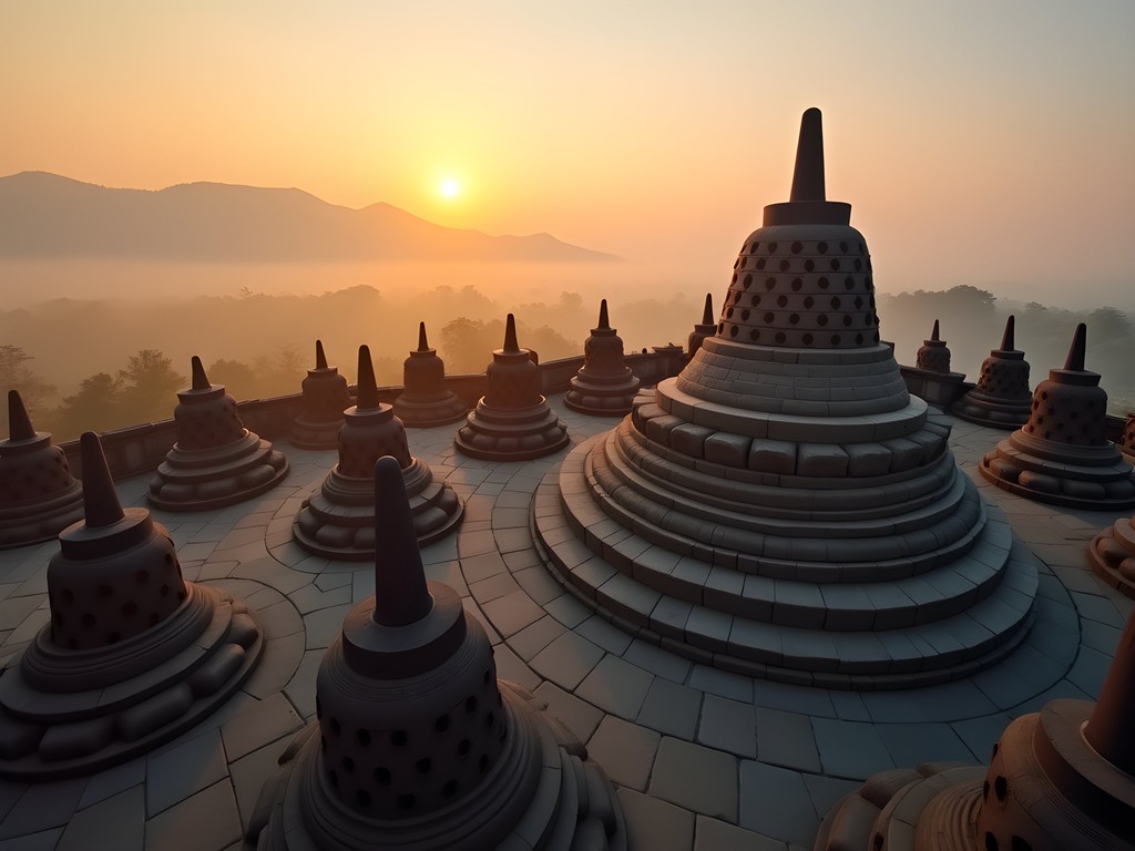 Sunrise illuminating the geometric patterns of Borobudur's stupas in Java