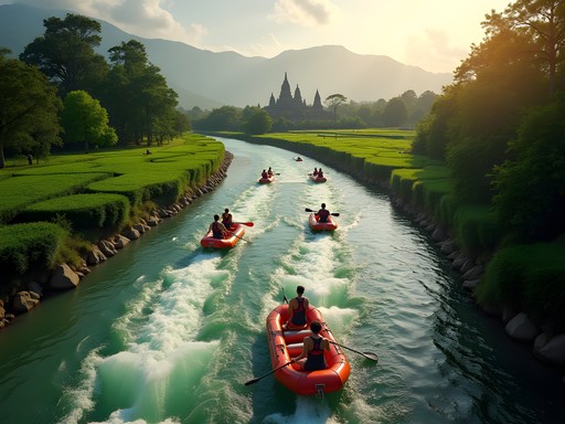 Luxury rafting expedition on Elo River with Borobudur visible in background