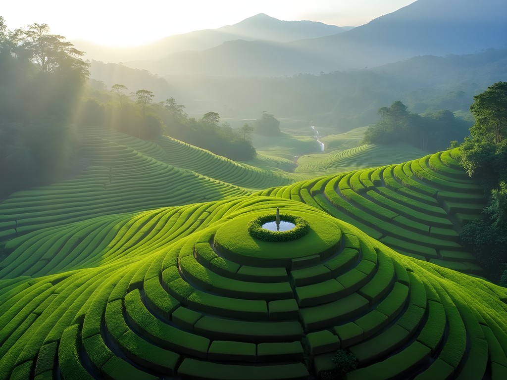 Aerial view of geometric patterns in Javanese tea plantations near Borobudur