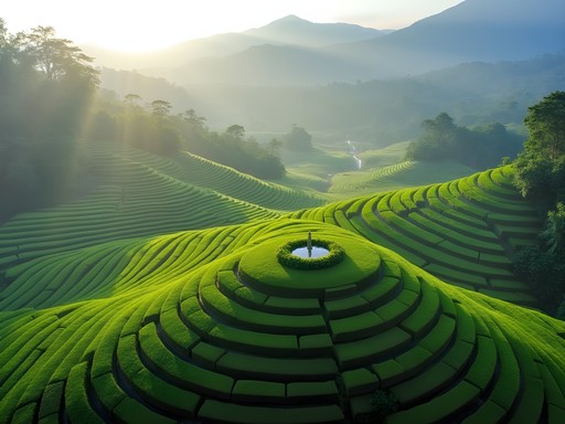Aerial view of geometric patterns in Javanese tea plantations near Borobudur