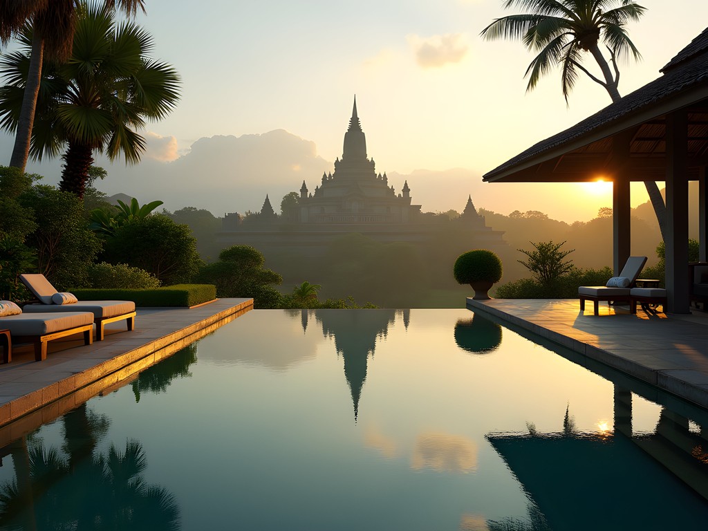 Luxury villa infinity pool perfectly framing Borobudur temple in Java