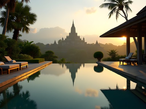 Luxury villa infinity pool perfectly framing Borobudur temple in Java
