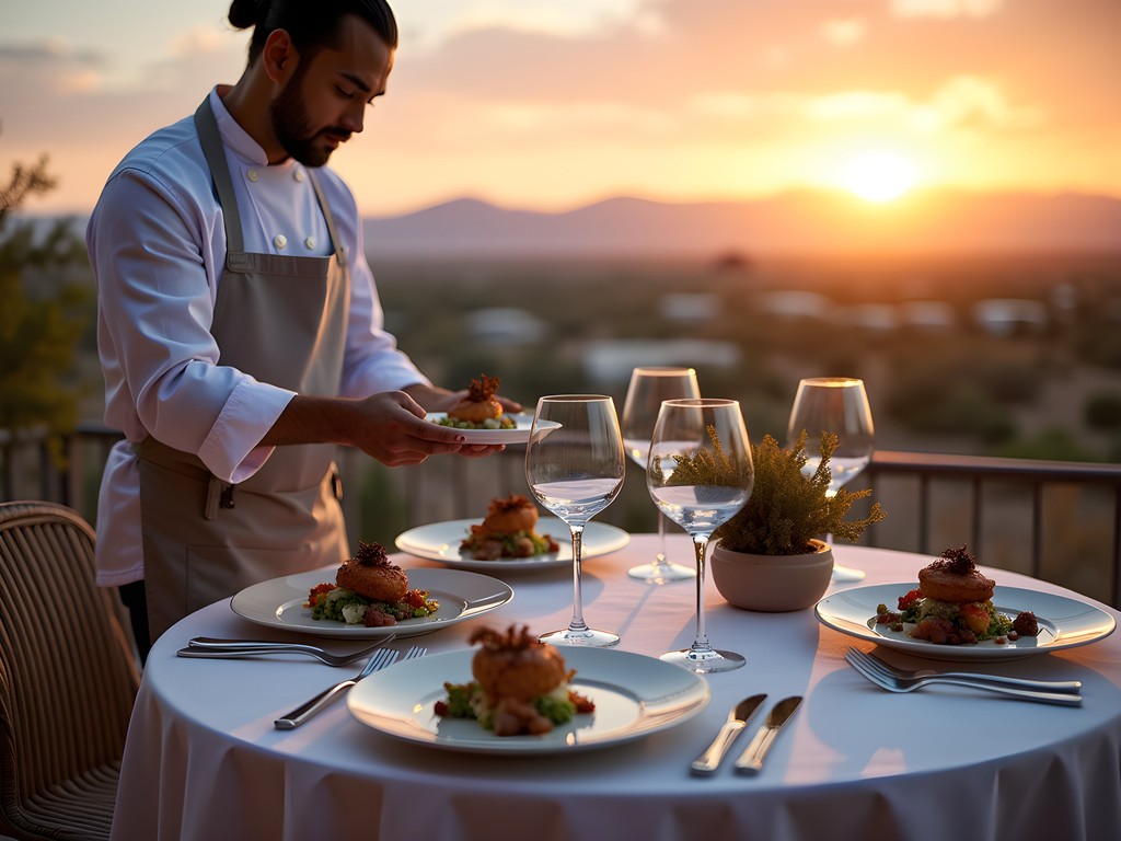 Elegant private chef dinner setup on desert villa terrace overlooking Boulder City at sunset