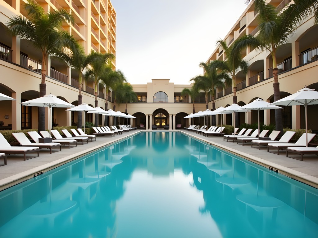 The Calile Hotel's iconic pool surrounded by cabanas and palm trees in Brisbane