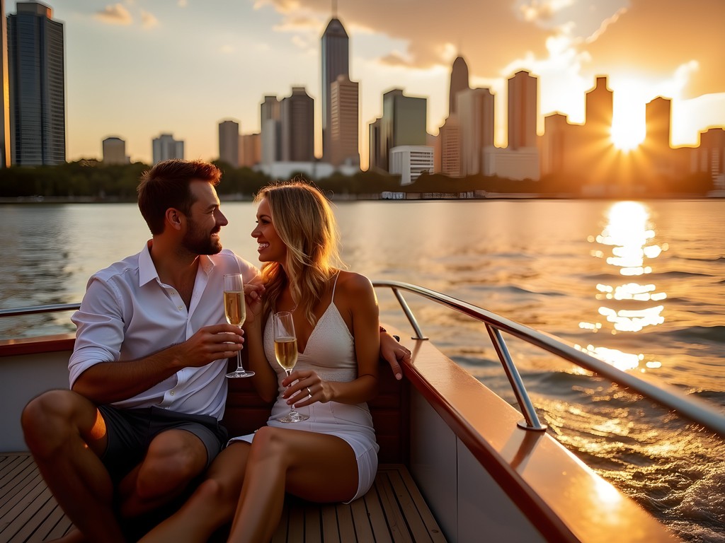 Private luxury cruise on Brisbane River at sunset with city skyline