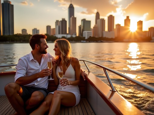 Private luxury cruise on Brisbane River at sunset with city skyline
