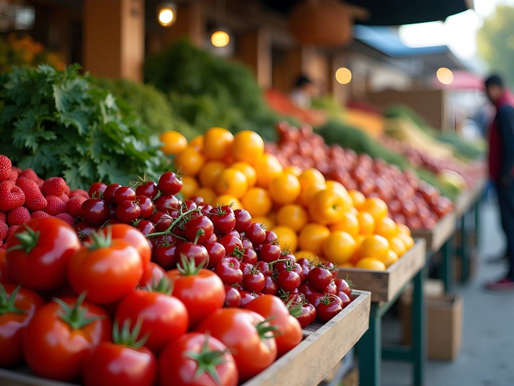 Colorful seasonal produce display at Obor Market in Bucharest