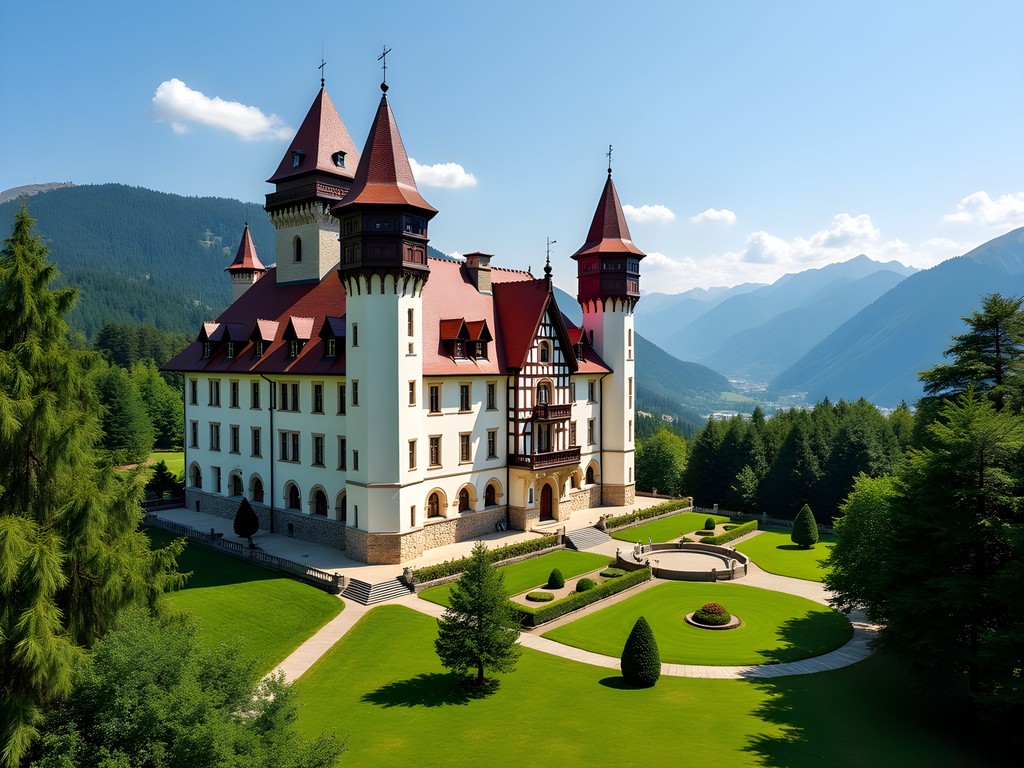 Ornate exterior of PeleÈ™ Castle in Romania surrounded by summer foliage