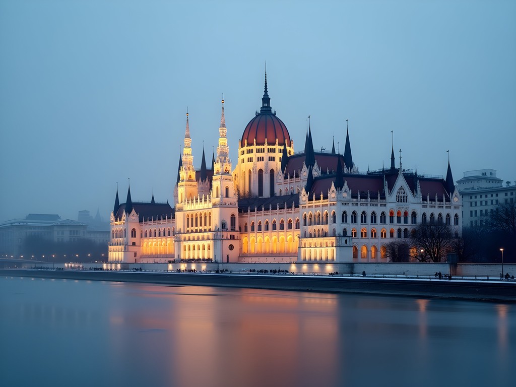 Hungarian Parliament Building in Budapest partially shrouded in winter fog with dramatic lighting